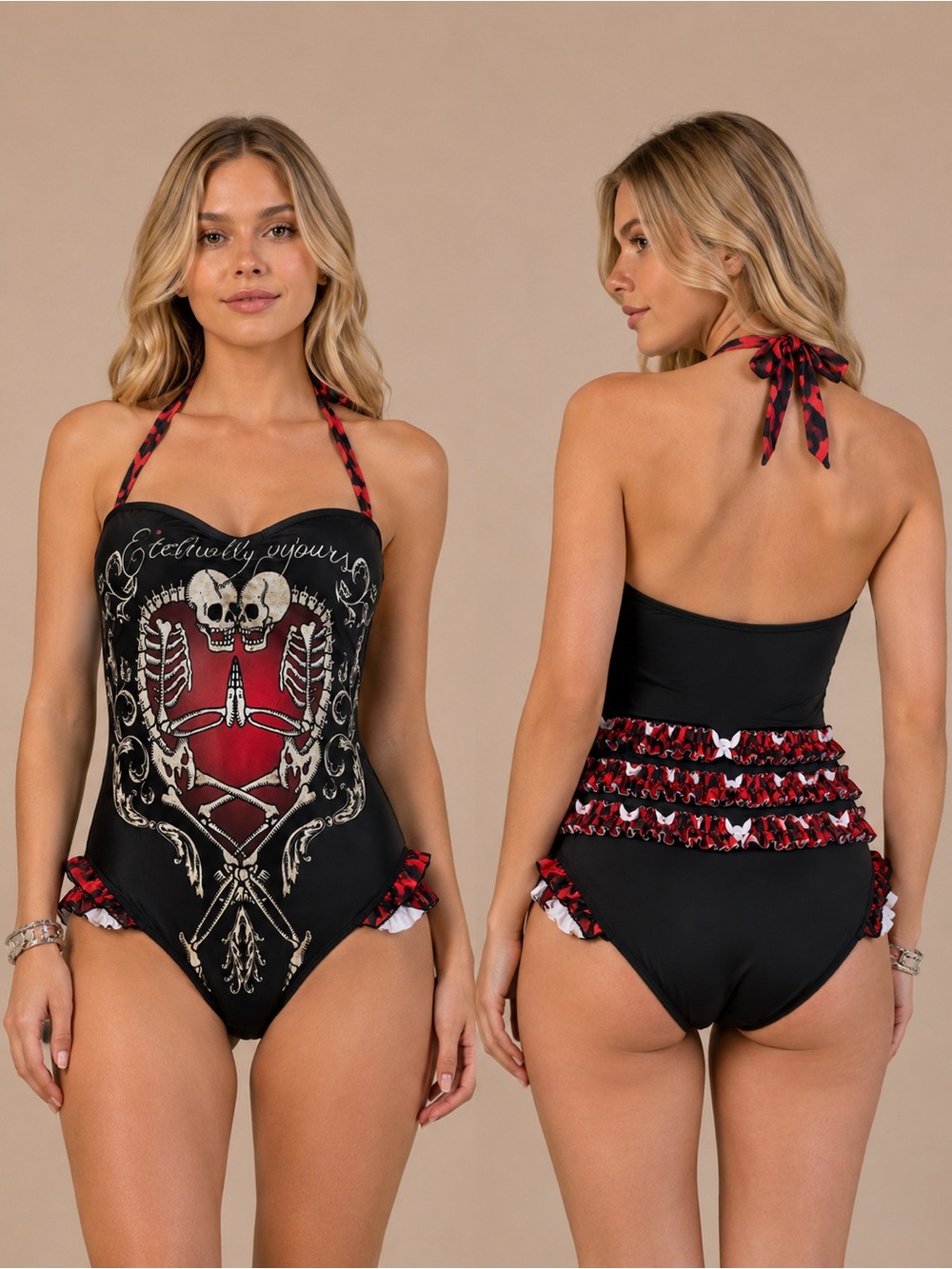 🩷. Black & Red Skull Heart One-Piece Swimwear - Women